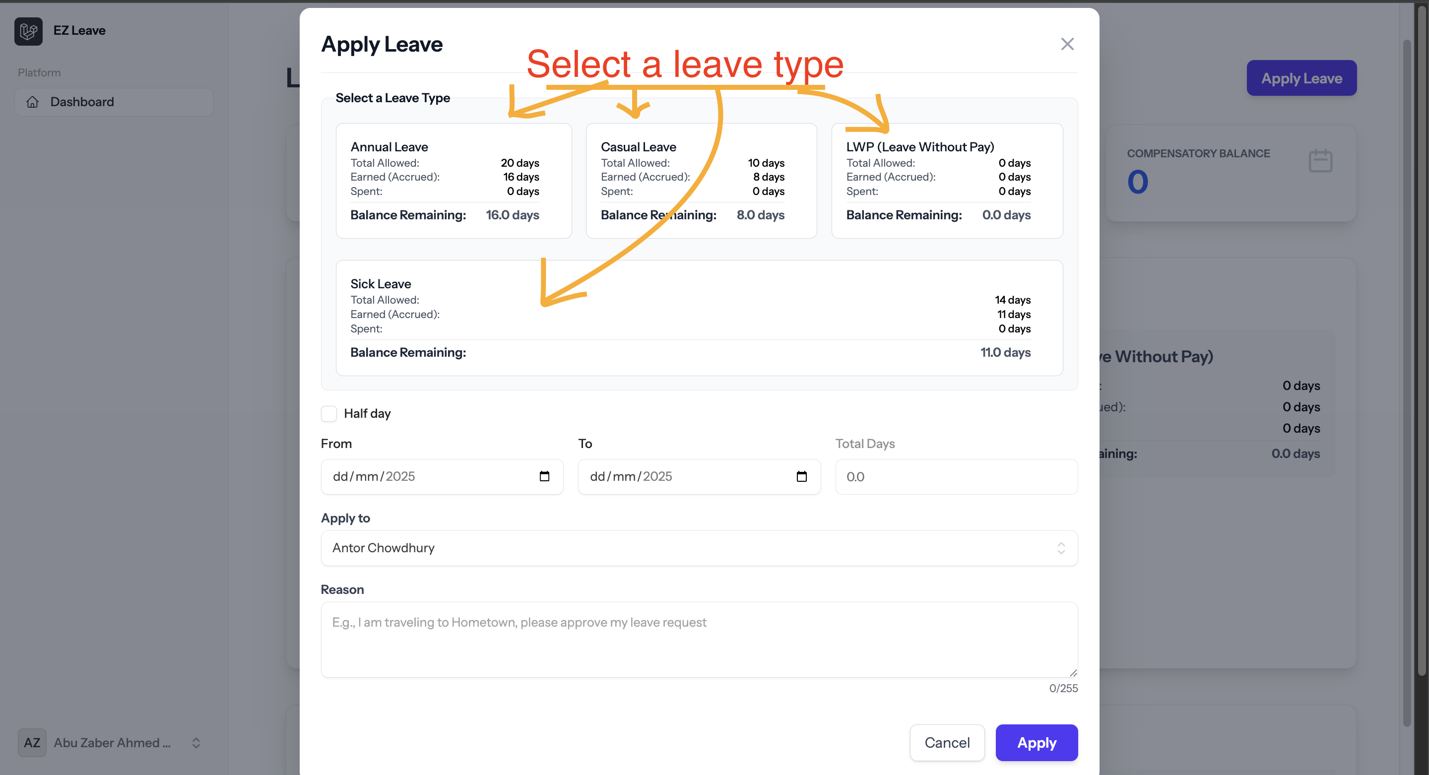 Apply Leave button on dashboard